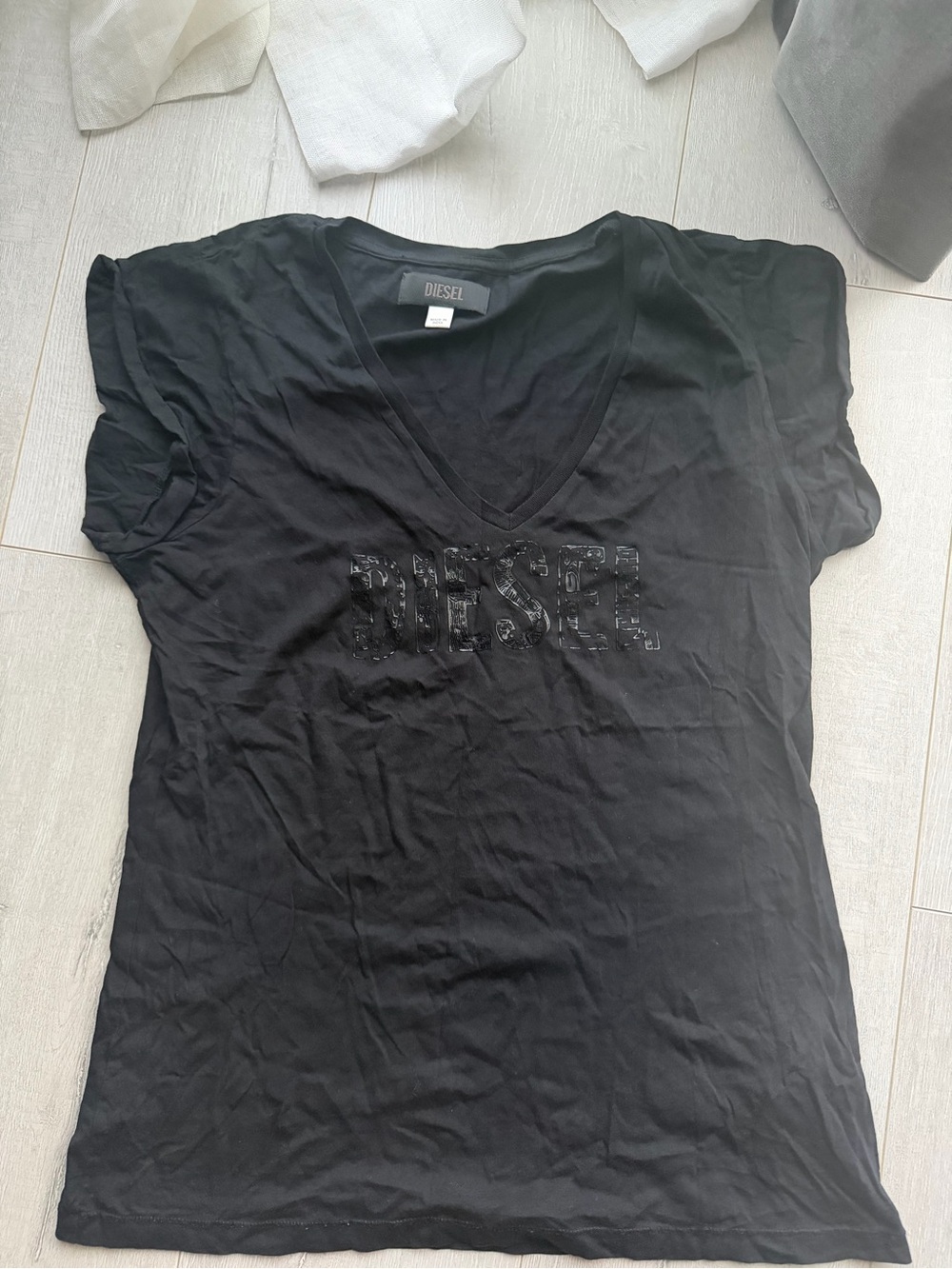 Diesel Black V-Neck Logo Tee with Subtle Shimmer